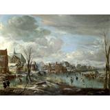 Un río congelado cerca de un pueblo, con golfistas y los patinadores