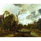 Vista de un río cerca de un pueblo al atardecer