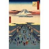 Vista en perspectiva mirando hacia abajo la calle comercial con muchos peatones y porteadores