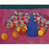 Jarrón azul con naranjas