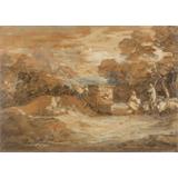 Paisaje de la montaña con las figuras, ovejas y Fuente