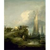 Escena costera con eEmbarcadero y ganado