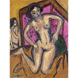 Desnudo De rodillas ante  biombo rojo