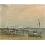 Escena de la costa con acantilados blancos y barcos en la orilla