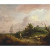 Paisaje costero con un pastor y su rebaño