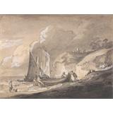 Escena costera con las figuras y barcos