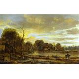 Un paisaje del río con un pueblo