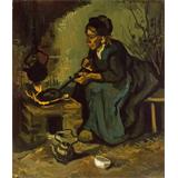 Mujer campesina Cocinando por una chimenea