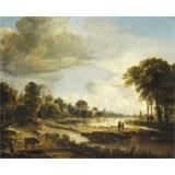 Un paisaje del río con las figuras y ganado