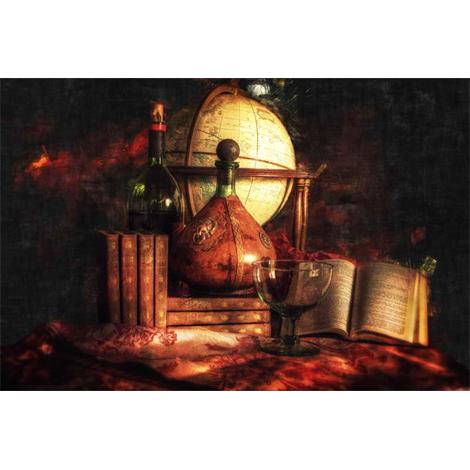 Bebida, vino, libros y globo terráqueo