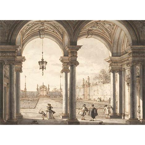 Ver a través de una columnata barroca en un jardín , 1760-1768