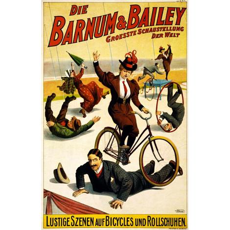 Barnum y Bailey con bicicletas y patines