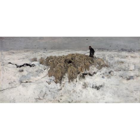 Rebaño de ovejas con pastor en la nieve