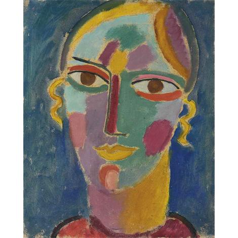 Cabeza mística de mujer  sobre un fondo azul