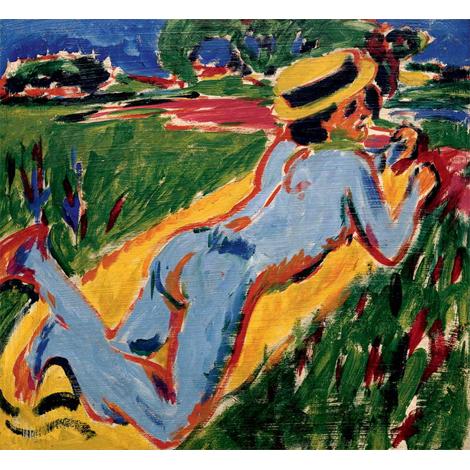 Desnudo reclinado azul con sombrero de paja