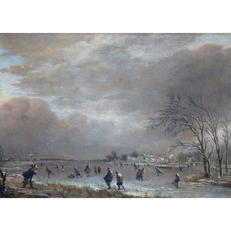 Paisaje de invierno con patinadores en un río congelado