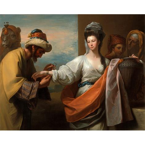 Siervo de Isaac atando el brazalete en el brazo de Rebecca