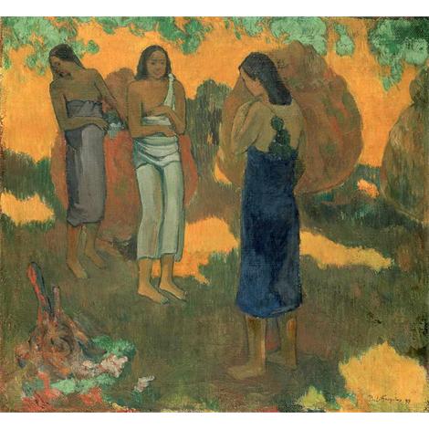 Tres mujeres de Tahitian contra un fondo amarillo