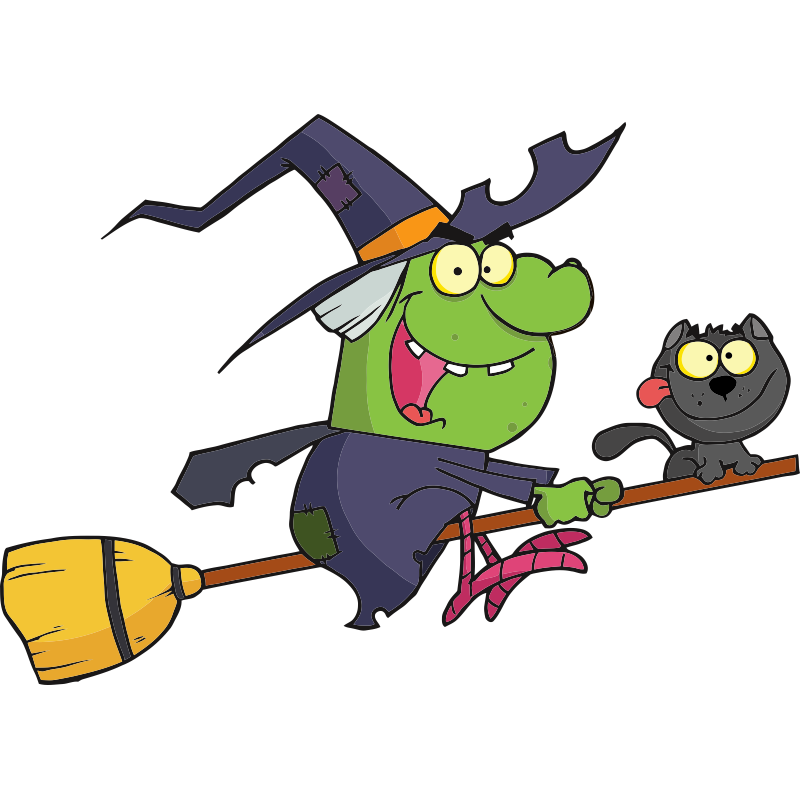 La verde y desagradable bruja de esta pegatina infantil vuela en su escoba