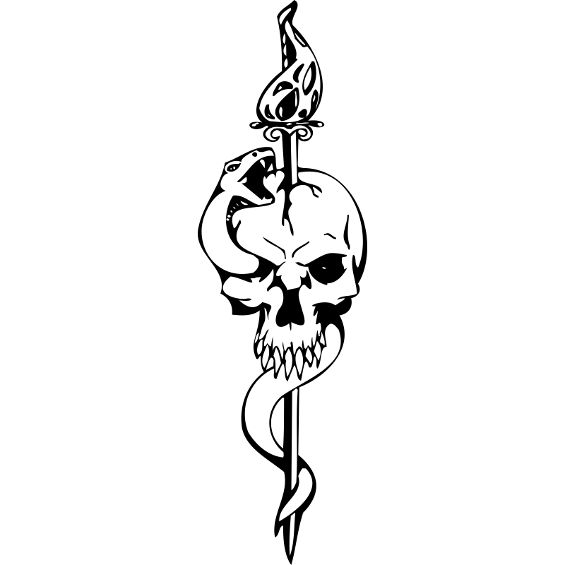 Una larga espada y una escurridiza serpiente atraviesan la calavera de este